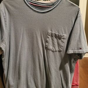 Tommy Hilfiger Men's Light Blue and White Striped Tee